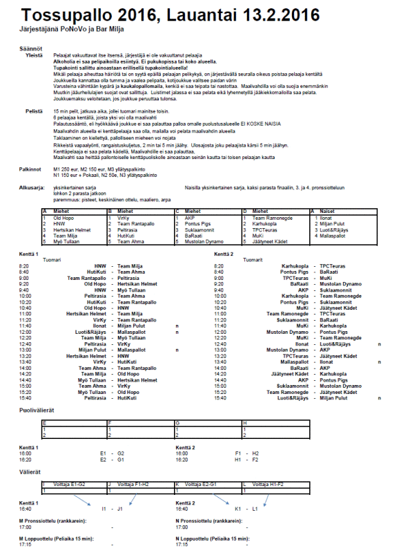 Tossupallo 2016 otteluohjelma